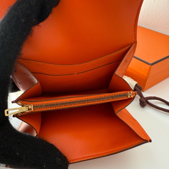NEW RARE HERMES Constance Short Wallet w strap Orange Ostrich Leather Palladium - Picture 10 of 16